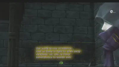 A text box in Twilight Princess says &ldquo;Our world is one of balance&hellip; Just as there is light to drive away darkness, so, too, is there benevolence to banish evil.&rdquo;