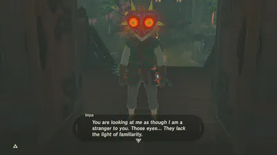 Link in Breath of the Wild faces the camera while Impa (off-screen) tells him &ldquo;You are looking at me as though I am a stranger to you. Those eyes&hellip; They lack the light of familiarity.&rdquo;